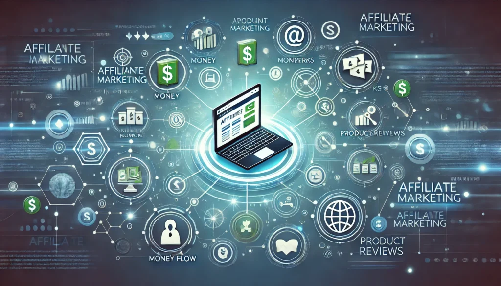 A modern illustration visualizing the concept of affiliate marketing. At the center is a laptop displaying a website or blog with product recommendations and affiliate links. Surrounding the laptop are icons representing money flow, networks, social media, and product reviews. The background features interconnected digital elements, symbolizing the online business model. The color palette uses blue and green tones for a professional and trustworthy design. High-resolution, clear and modern style, with futuristic light accents.