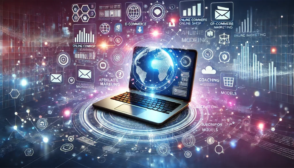 A modern, futuristic illustration of a digital online business concept. At the center is a laptop with a holographic user interface displaying charts, online shop icons, social media icons, and financial statistics. Around the laptop, floating icons represent various business models such as e-commerce, affiliate marketing, coaching, and subscription models. The background depicts a connected world with digital networks and glowing data streams. The color palette consists of blue and violet tones to emphasize a technological, future-oriented mood. Soft lighting accents and a dynamic look create an inspiring atmosphere. High-resolution, futuristic, professional style.