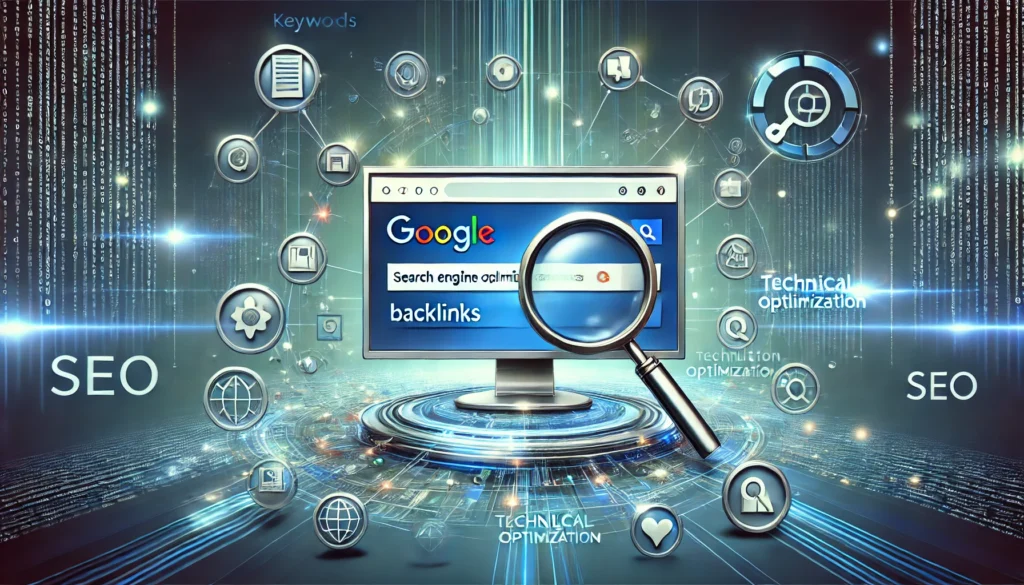 A modern illustration representing the concept of Search Engine Optimization (SEO). At the center is a computer screen displaying a Google search results page, with a highlighted website ranking at the top. Surrounding the screen are floating icons representing keywords, backlinks, technical optimization, and content quality. A large magnifying glass symbol reinforces the theme of 'search and discovery.' The background features digital networks and data flows, symbolizing the connection between websites and search engines. The color palette uses blue and green tones for a professional and trustworthy look. High-resolution, futuristic, modern style.