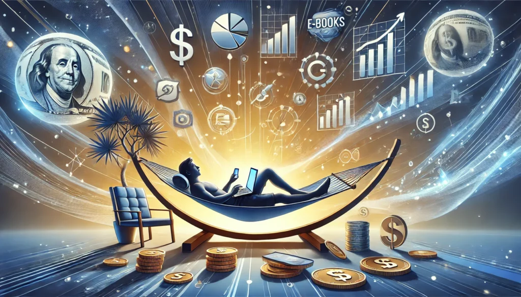 An inspiring illustration representing passive income. At the center, a relaxed person is lying on a hammock or lounge chair, holding a laptop or smartphone, while digital money symbols (coins, banknotes, charts) float around them. In the background, icons representing different income streams such as affiliate marketing, online courses, e-books, and ad revenue are visible. A smooth, modern color gradient with blue and gold tones conveys a sense of freedom and financial independence. High-resolution, modern, professional style with slight futuristic accents.