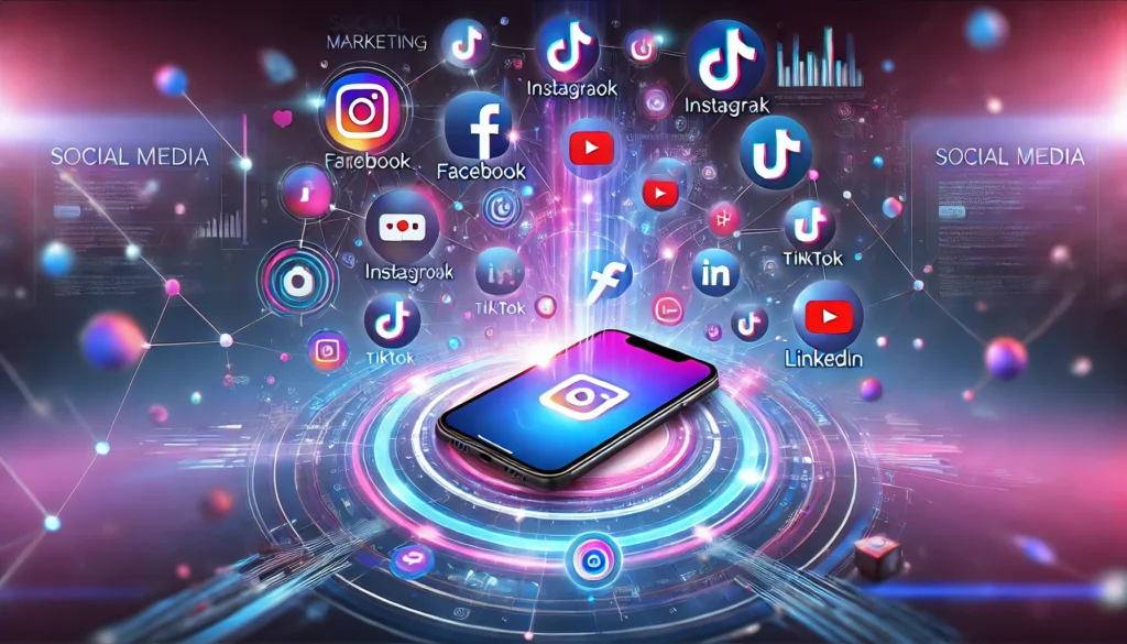 A dynamic, modern illustration representing social media marketing. At the center, a smartphone or computer screen displays various social media platforms such as Facebook, Instagram, TikTok, LinkedIn, and YouTube. Around the device, floating icons represent likes, comments, shares, and follower growth. The background features a connected digital world with interactive elements symbolizing content reach and engagement. The color palette combines blue, violet, and pink tones for a modern and energetic atmosphere. High-resolution, professional, futuristic style.