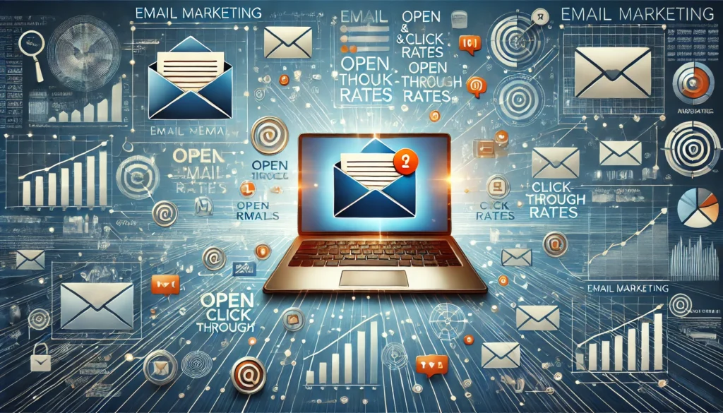 A modern, professional illustration representing email marketing. At the center, a laptop or smartphone displays an open email on the screen. Surrounding it, floating digital envelopes, notification icons, and charts representing open and click-through rates. The background features a connected digital network with email symbols and message flows, visualizing reach and automation. The color palette combines blue and orange tones for a mix of trust and dynamism. High-resolution, modern, professional style with slight futuristic accents.